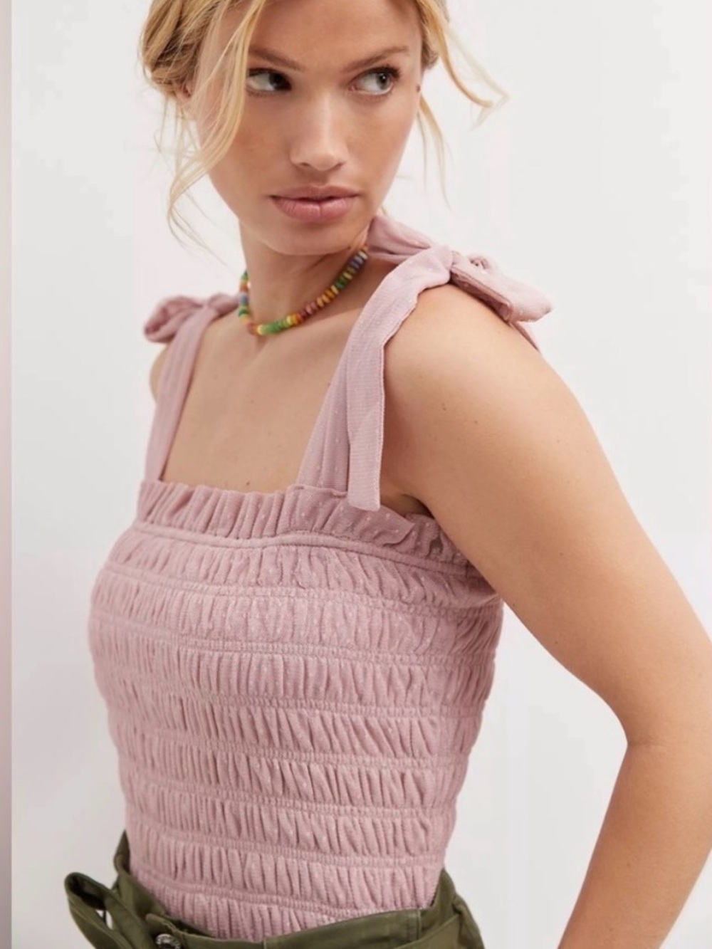 🌸 NWT | Anthropologie Smocked Tie Strap Tank Top Dusty Rose Size Large - Picture 2 of 12
